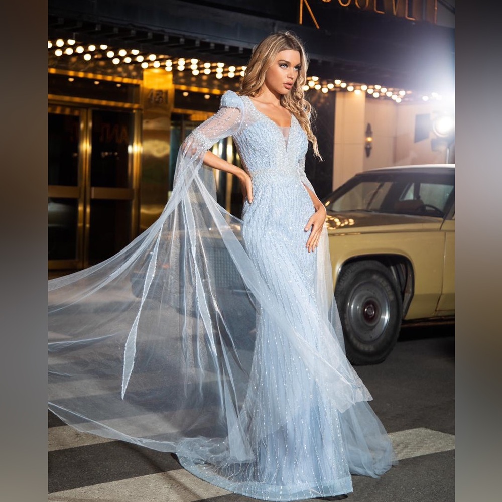 Embellished cape sleeves Evening Gown